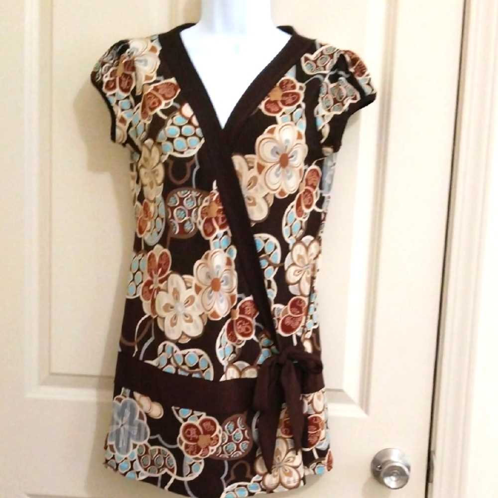 Brown and Cream Wrap Blouse Cap Sleeve